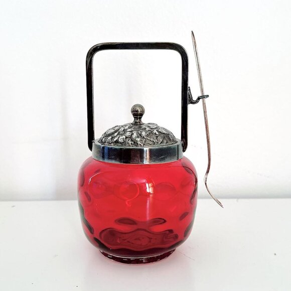 INVERTED CRANBERRY COIN DOT GLASS BISCUIT JAR WITH HANDLE AND FORK - Picture 1 of 9